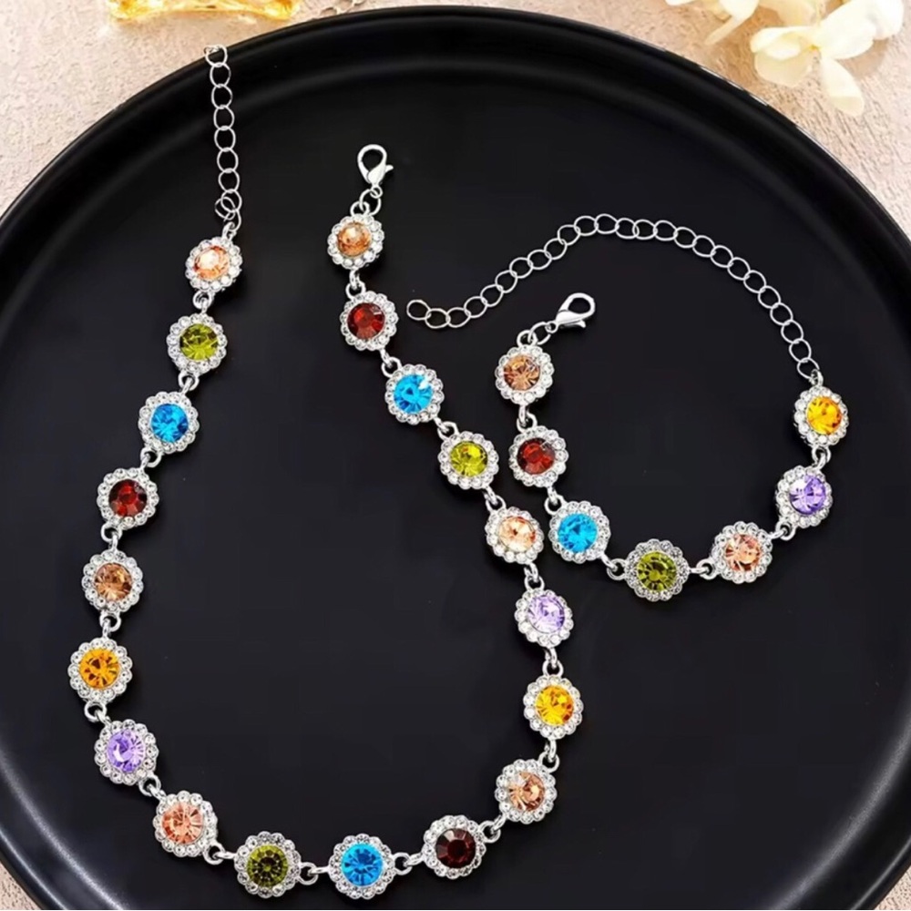Multicolor Crystal Flower Necklace and Bracelet Set - Women Jewelry